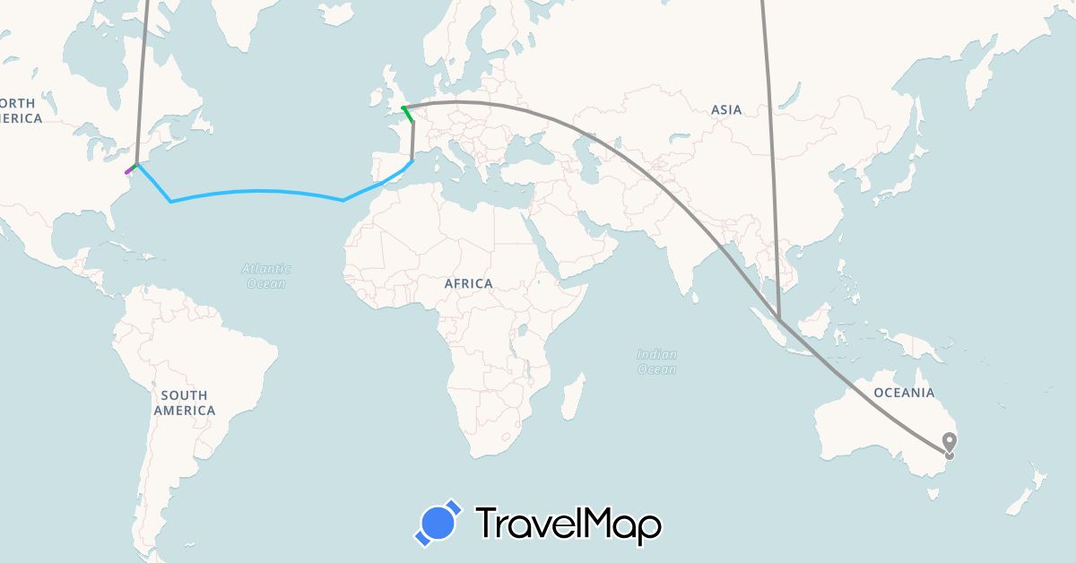 TravelMap itinerary: driving, bus, plane, train, boat in Australia, Bermuda, Spain, France, United Kingdom, Portugal, Singapore, United States (Asia, Europe, North America, Oceania)